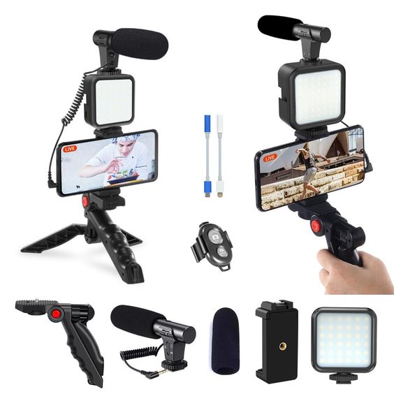 Vlogging Kit With Tripod Phone Holder Mini Microphone LED Fill Light Starter